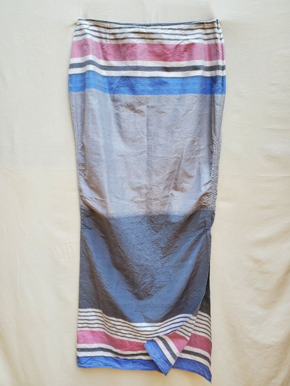 Giorgio Armani 100% Silk Crinkled Maxi Skirt Striped Gray Pink Blue NWOT